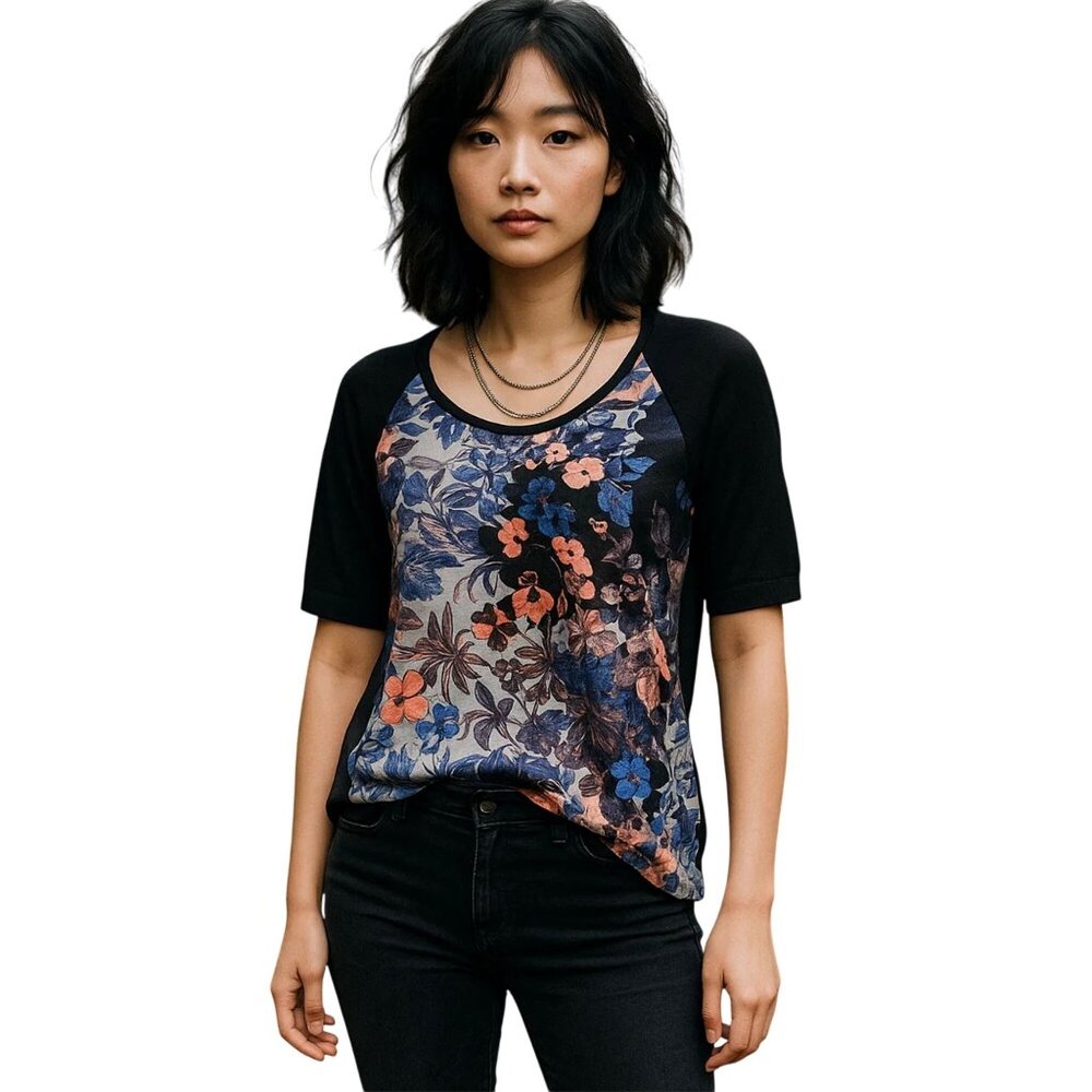 Anthropologie Meadow Rue Top Size Small Floral Knit Mixed Media Black Blue Coral